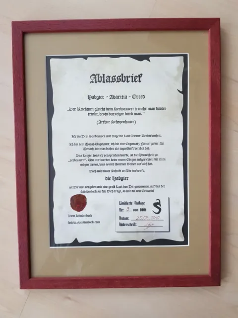 Moderner Ablassbrief - Ablassurkunde gerahmt,  Mittelalterfest, Mittelalterdeko