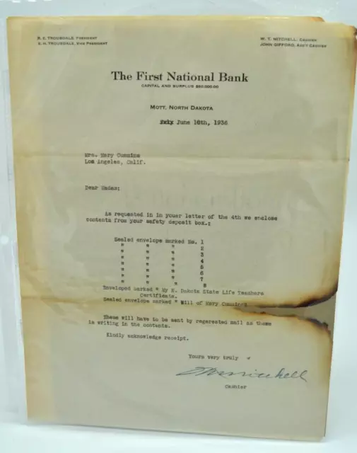 1936 First National Bank - North Dakota letter re: Safe Deposit Box Contents