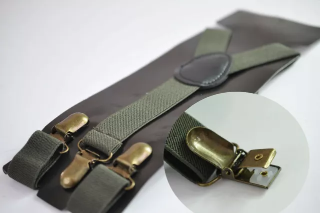 Olive Green Elastic Suspenders Braces Bronze Metal Clips For Men / Boys / Baby