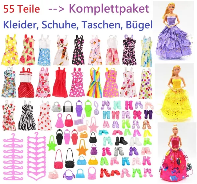 15 Kleider Kleidung  Kleid Set Schuhe Stiefel Tasche für Barbie Puppe 55 Teile