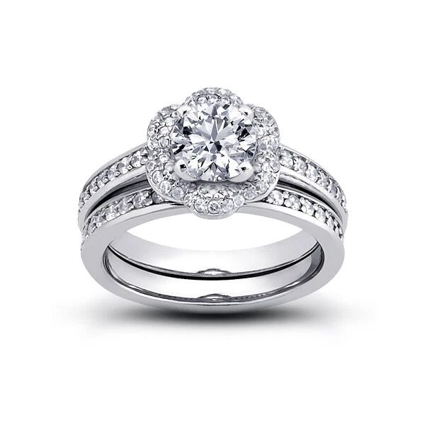 1.15ct G-SI1 Round Natural Certified Diamonds 14k  Halo Ring with Matching Band