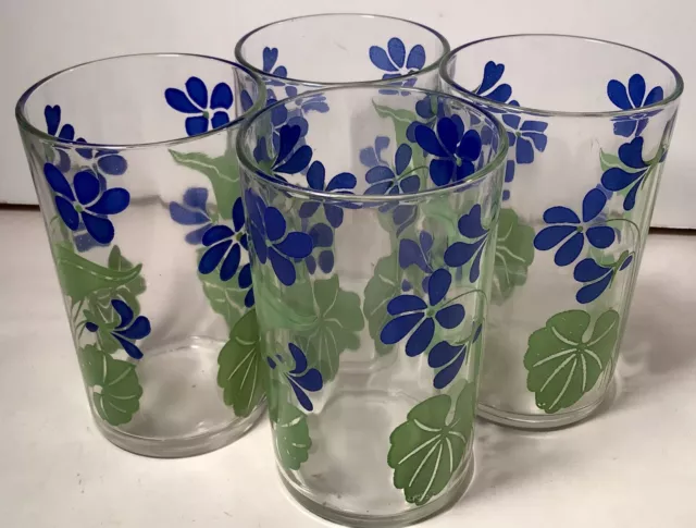 Set of  4 Vintage Swanky Swig Juice Glasses Blue Violets Flowers