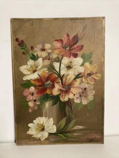 Antique Vintage Original Oil Painting Still Life Board 10"X 14"-Signed 1943