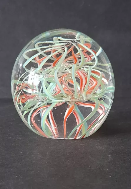 LANGHAM ? England Art Glass Sphere/Round Paperweight Green & Orange  Swirls