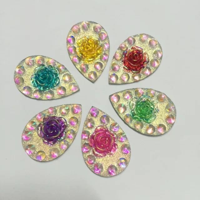 Fancy Flower Teardrops Glitter Effect Resin 30mm Textured Flatback Cabochons Gem