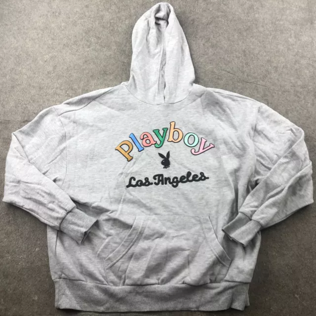 Playboy Hoodie Womens Large Gray Spell Out Pullover Hooded Sweatshirt Pacsun *