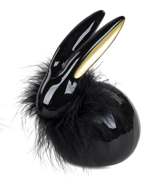 Coniglio Oro Nero Con Piume di Pasqua Giardino Decorazione Porcellana 16cm