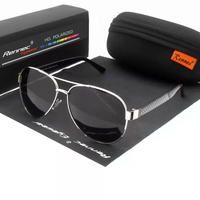 Rennec Herren Sonnenbrille Polarisiert Metall UV400 Pilotenbrille Chrom Schwarz