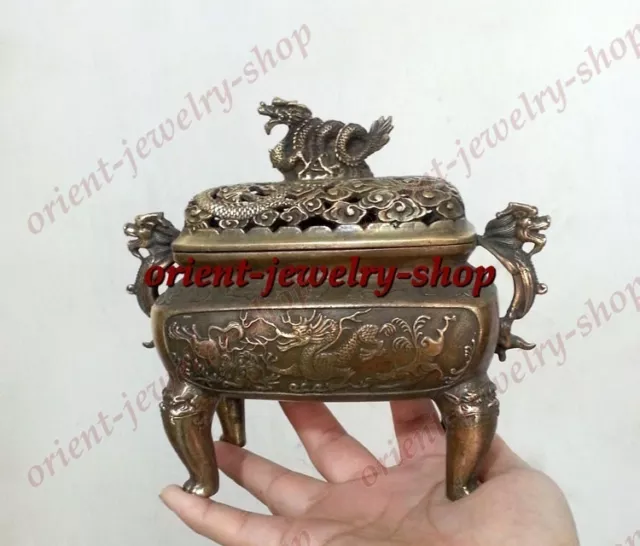 Tibet Bronze Auspicious Zen Statue Dragon collectables Incense Burners Censer