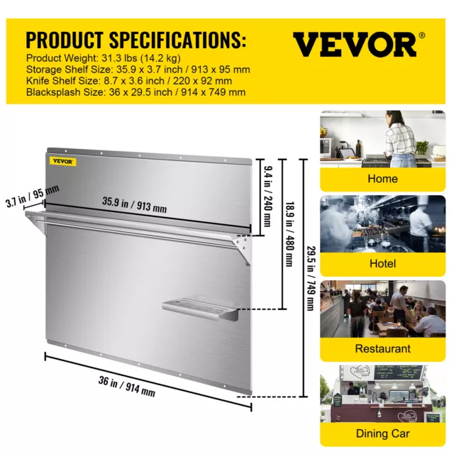 VEVOR Backsplash Stainless Steel Kitchen Range Hood Wall Tile Shield 36" x 29.5" 7