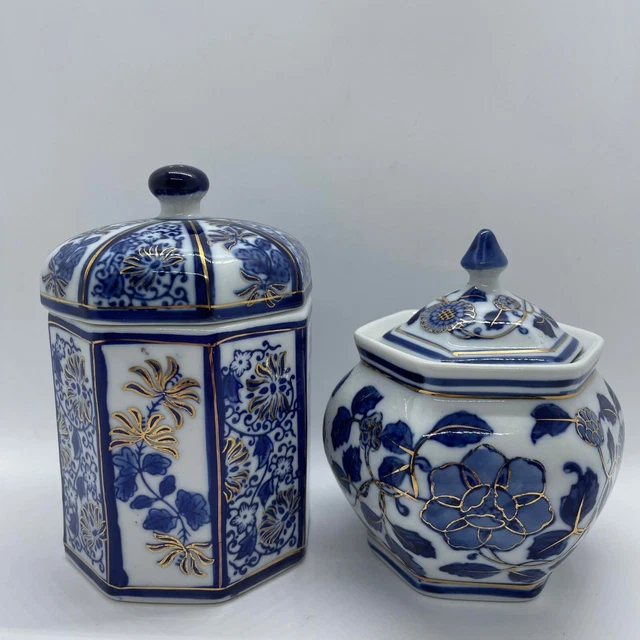 Chinesisch Orientalisch Blau Weißgold Blumenmuster Keramik Ingwer Glas Topf Urne Ornament 3
