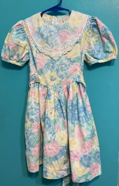 Vintage Girls Dress size 6 Party Floral Pink Blue Lace  80s Made In USA