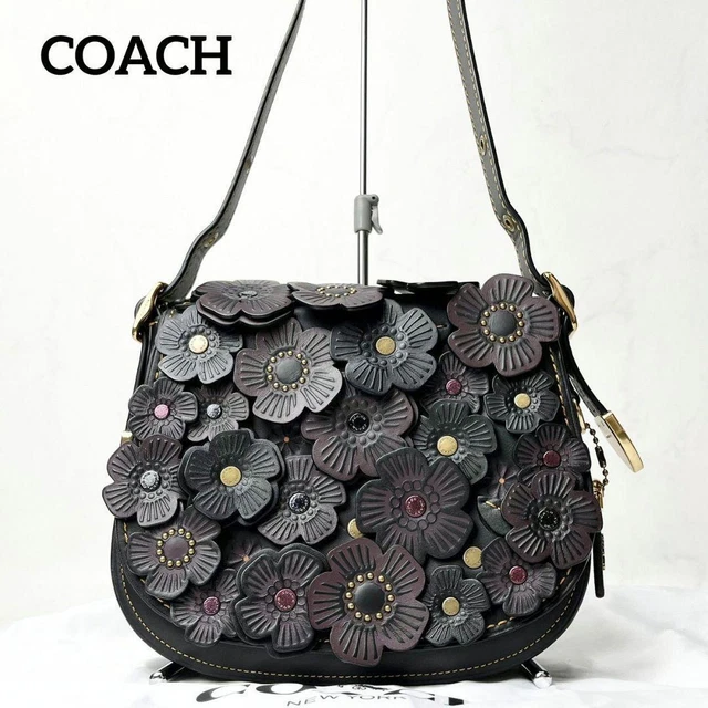COACH Tea Rose Applique Shoulder Bag Black Flower