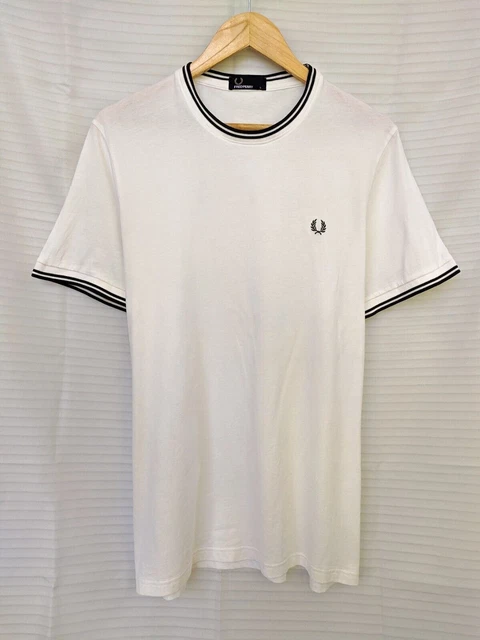 T-shirt bianca Fred Perry da uomo con collo a righe manica corta Tg L