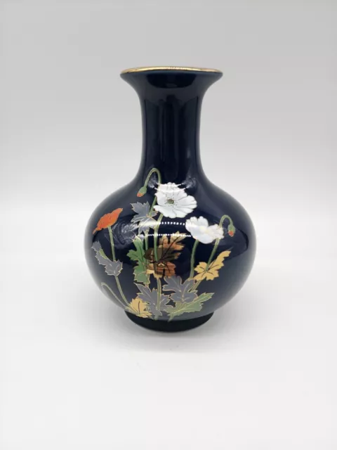 Floral  Vase Yamaji Japan Navy Blue with Poppies Flowers colorful Gold tone