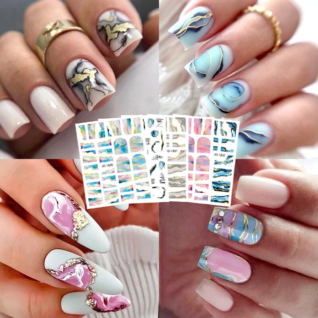 3D Stickers Ongles Bleu Vert Marbre Or Flocon Ligne Art Manucure  ,