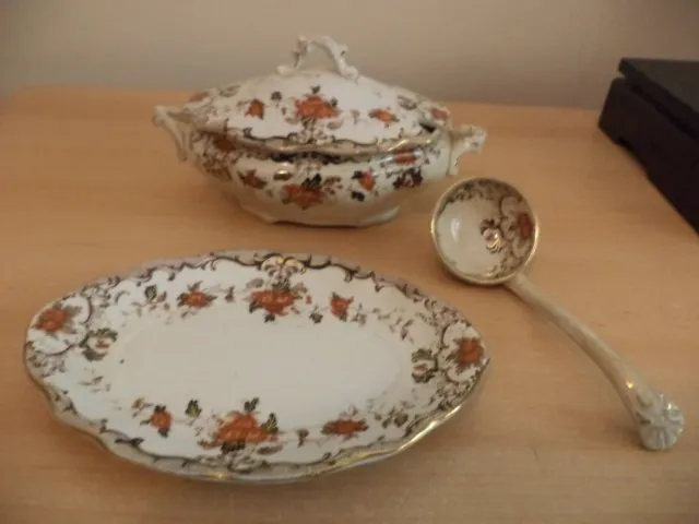 VICTORIAN old antique SMALL TUREEN SERVING DISH SET brown red white black gold