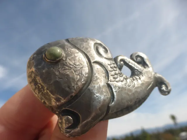 Vintage Mexico Sterling Silver Turquoise Eye Sea Beast Creature Fish Brooch