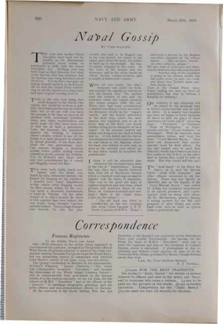 1915 Ww1 Print Navy & Army Editorial Article Naval Correspondence