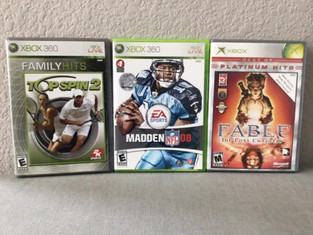 XBox 360 Microsoft Lot of 3 Games Madden NFL 08 Top Spin 2 Tennis Fable Platinum