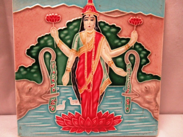Antique Tile Art Nouveau Majolica Porcelain Lakshmi Raja Ravi Varma Japan"708 2