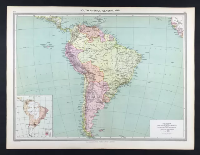 Large Map of South America and population original with litho colour 1906