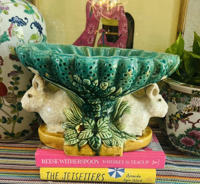 Vintage Majolica Large Ceramic Bowl On A Pedestal With Rabbits Hand Painted.