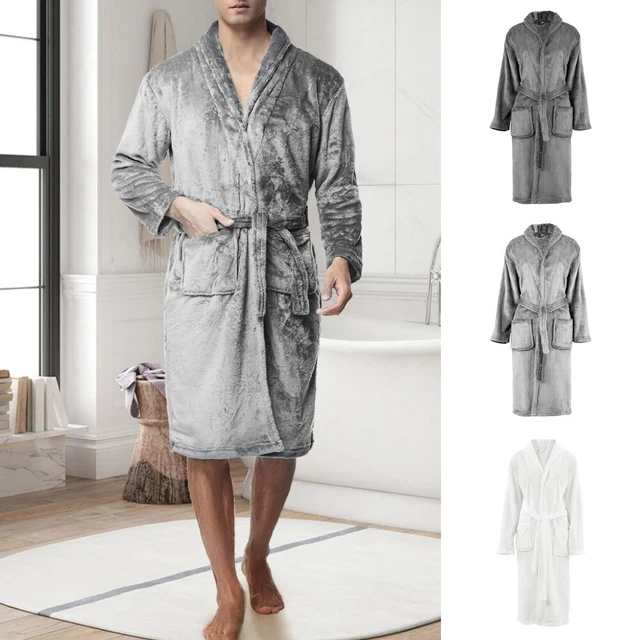 Men’s Large Grey Fleece Robe – Warm Shawl Collar Dressing Gown For Guys & Lads