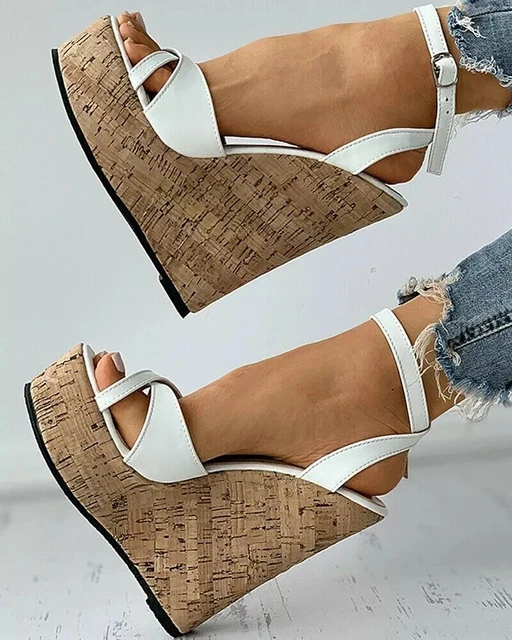 Sandales Femmes Talon 16 CM Blanc Beige Compensé Platforn Cuir Synthetique CZ010