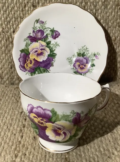 Vintage Royal Vale England Purple & Yellow Pansies  Bone China Tea Cup & Saucer