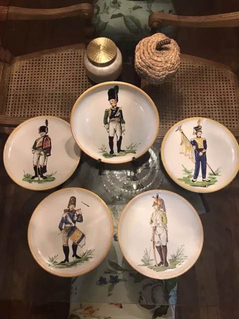 Vintage Italian Hand Painted Pottery Soldiers Plates Rooster? Signed Set Of 5