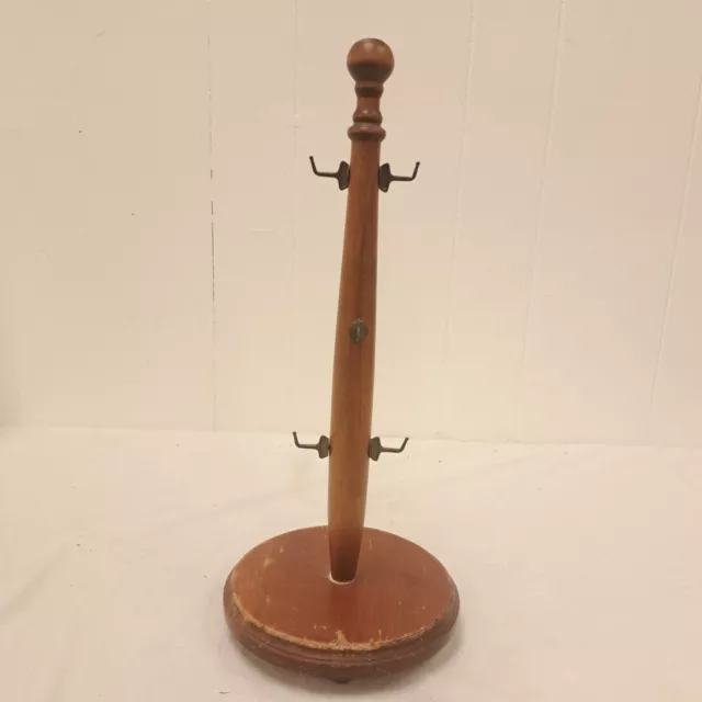 VINTAGE Wooden Coffee Cup Mug Tree Wood 6 Brass Hooks 17" Tall Jewelry Holder