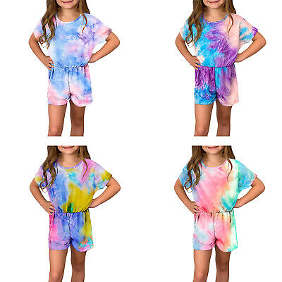 Kids Girls Tie Dye Jumpsuits Rainbow T Shirt Romper Shorts Playsuit Casual Wear