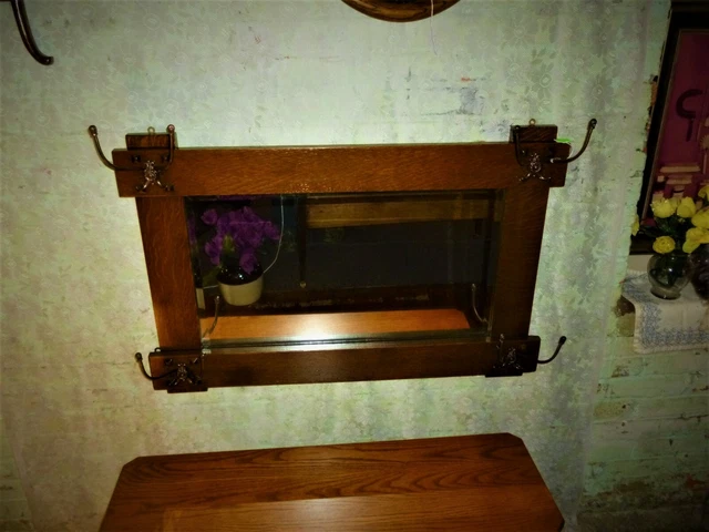 Antique Oak Frame Mirror Wall mount with hooks Mission style 1900' beveled Glass