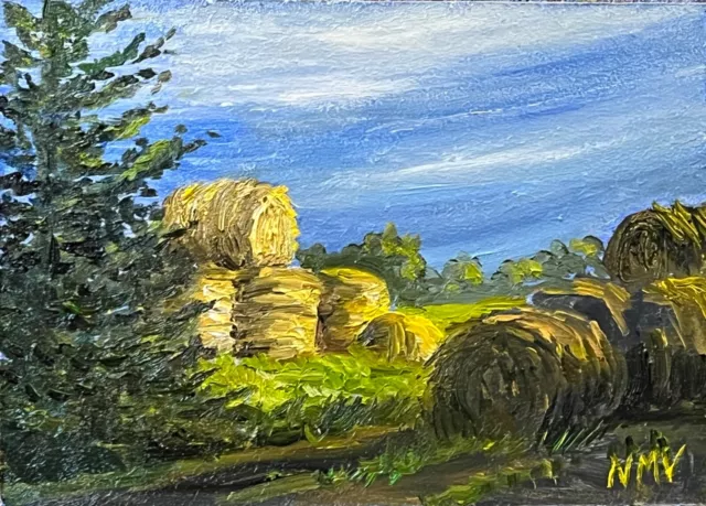 COUNTRY SUNSHINE Original Oil Landscape Farm HAY BALES Painting Small Art SCENE