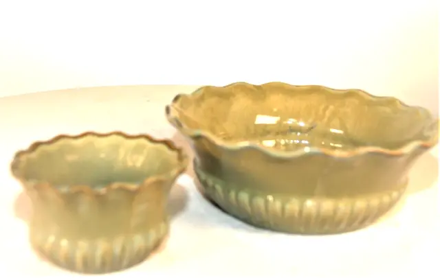 Vintage Handmade Pottery Green Bowl 9.5" Fluted Scalloped Edge & 5" Dipping Bowl
