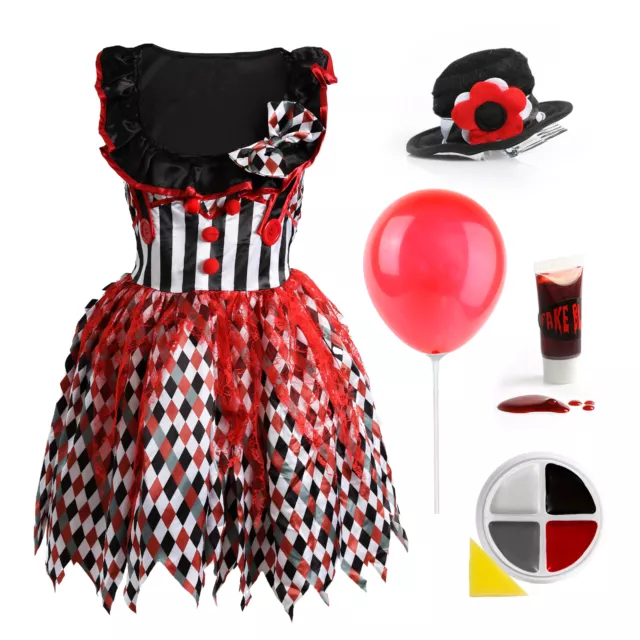 Ladies Killer Clown Fancy Dress Costume Harlequin Halloween Dress Balloon Makeup