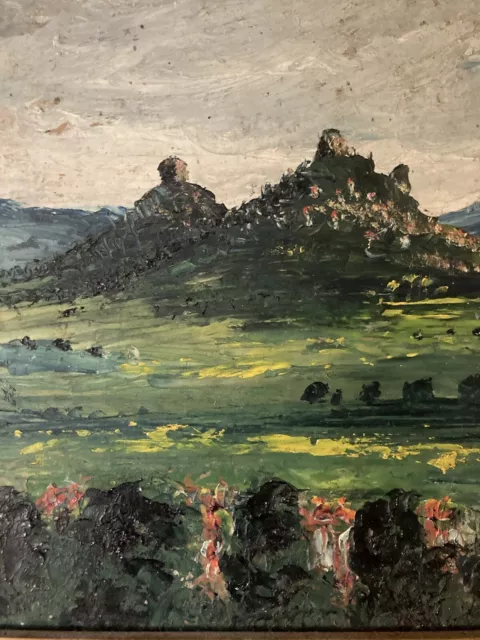 Belle peinture huile panneau 1950 paysage Post impressionniste Château Cathares?