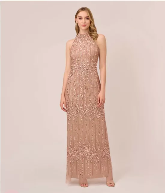 Adrianna Papell Beaded Column Gown, Rose Gold, Size 14, new with tags