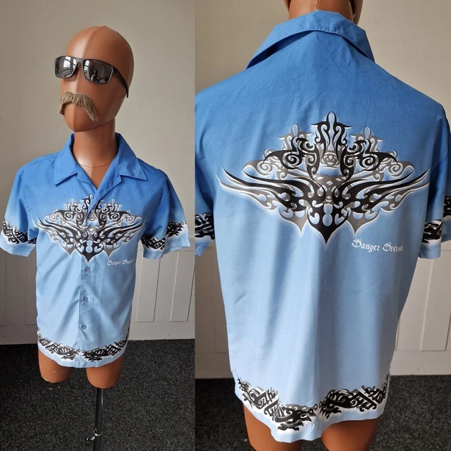 CAMICIA VINTAGE BAMBINI Tribal Tattoo TAGLIA 14 ANNO BLU POLIESTERE GRAFICA ANNI 90/2YK AV75