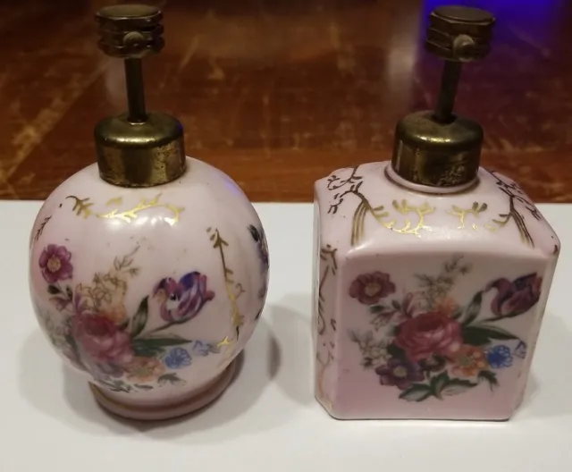 (2) Antique Atomizers w/ German Bavarian Purple Porcelain Perfume Bottle w/Mark