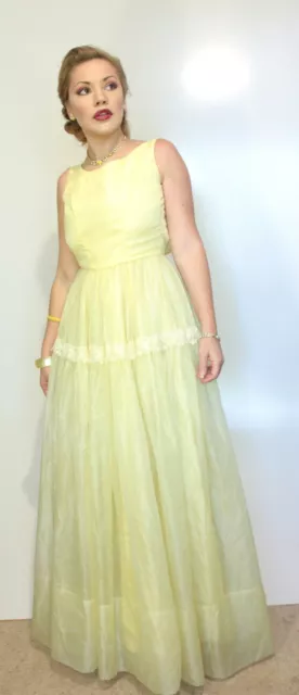 Emma Domb Yellow Prom Dress Full skirt Lemon White Lace Trim Ball Gown 1950s 60s 2