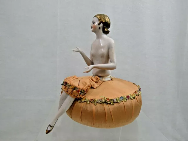 FINEST ANTIQUE PORCELAIN HALF DOLL PIN CUSHION SEWING Art Deco Germany  "1/2"