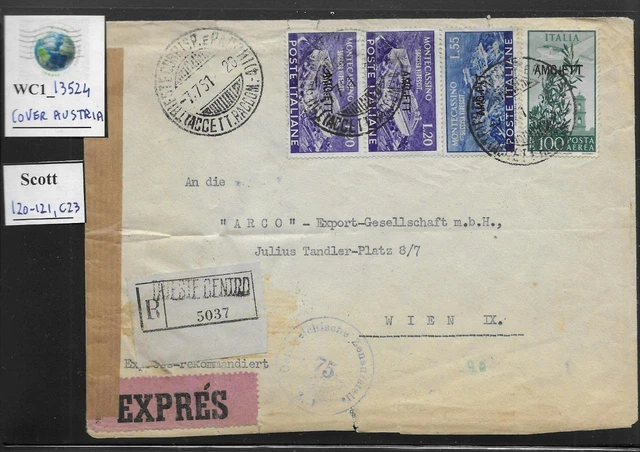 WC1_13524. ITALY: TRIESTE FTT. Cover w. 1951 MONTECASSINO & more. Scott 120-121+