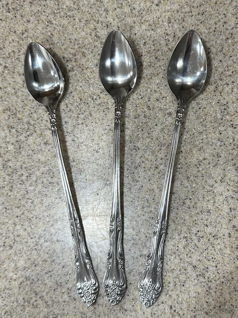 3 Vtg Rogers “Dream Rose” Iced Tea/Dessert Spoons Korea 7.5" Long Stainless EUC!