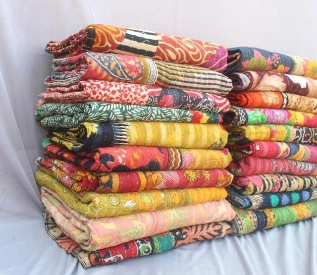 10 Piece Mix Lot of Indian Kantha Quilts Cotton Bed Cover Throw Old Sari Blanket