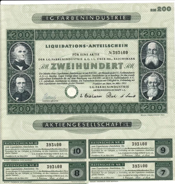 1 AKTIE IG FARBEN LIQUIDATIONS ANTEILSCHEIN RM 200 Reichsmark rare share