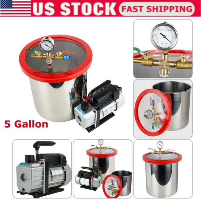 FDA 5 Gallon Vacuum Degassing Chamber Silicone Kit w/3 CFM Pump Hose USA