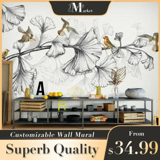 Ginkgo Bird Floral Leaves 3D Wall Mural Designer Bedroom Wallpaper Murals