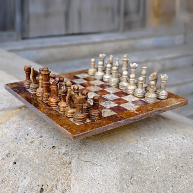 Stone Marble Multi & Coral Chess Men Set Weighted Pro Pieces with Board 15 inch